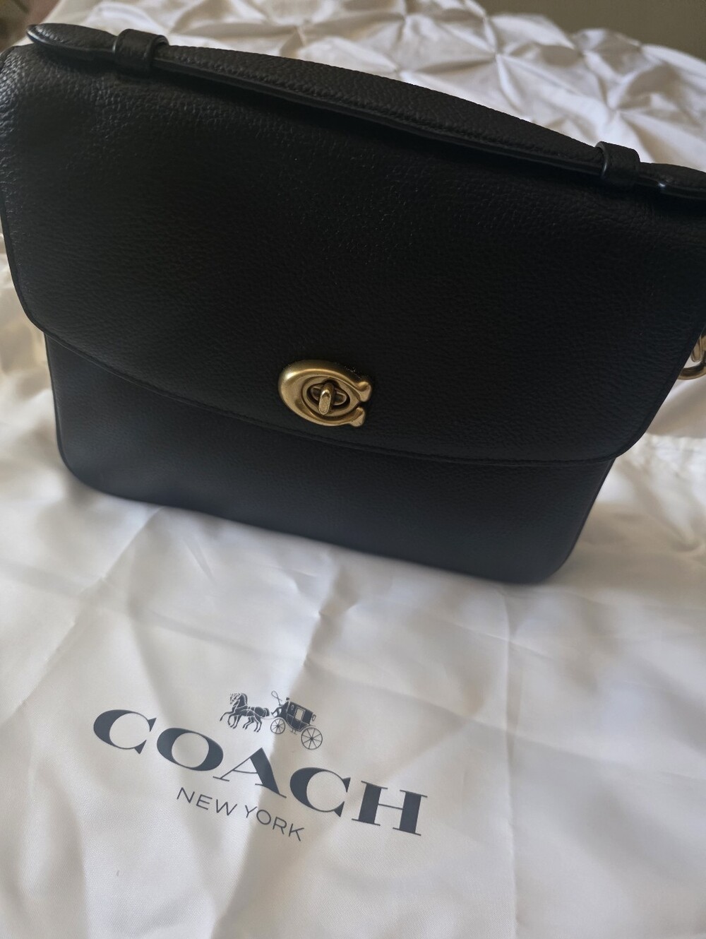 Coach Black Leather Turn-Lock Top-Handle Shoulder Bag with Gold Hardware
